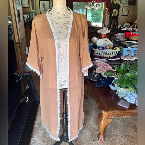 NWT LuLaRoe Womens Chloe Kimono Sz S Brown w White Lace Trim Short Sleeve NWT - Picture 12 of 16